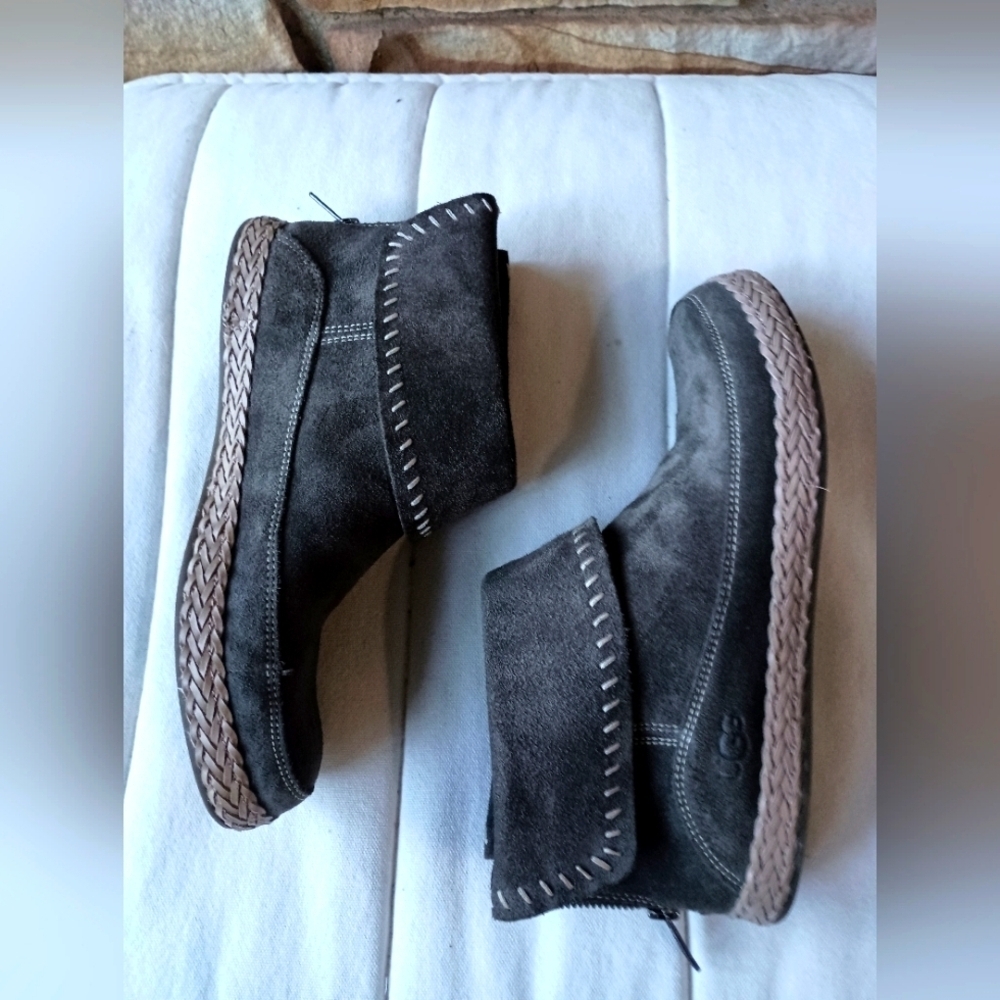 Ugg Gray Leather Suede Ankle Boots with Brown Sole_7